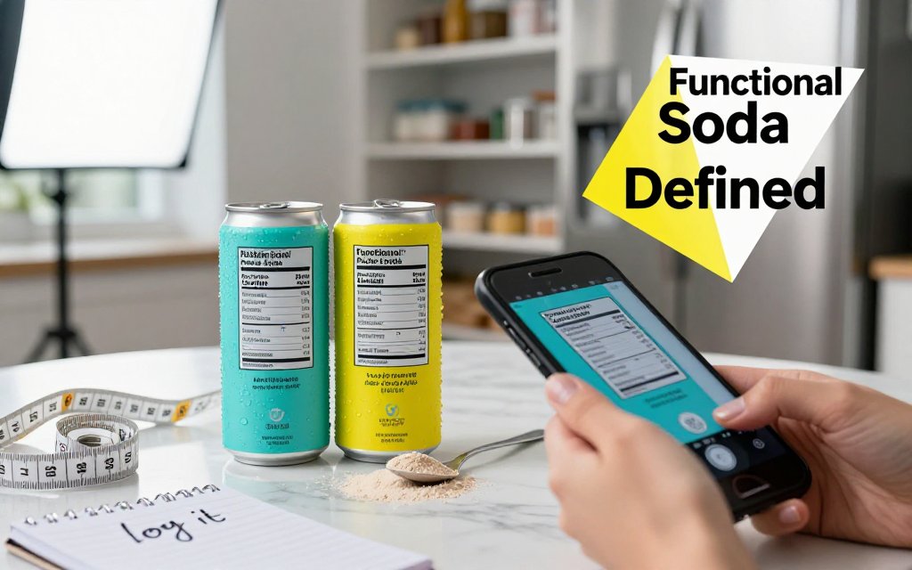Hands comparing two functional beverage cans on a kitchen table while scanning the nutrition label with a phone; overlay text reads Functional Soda Defined.