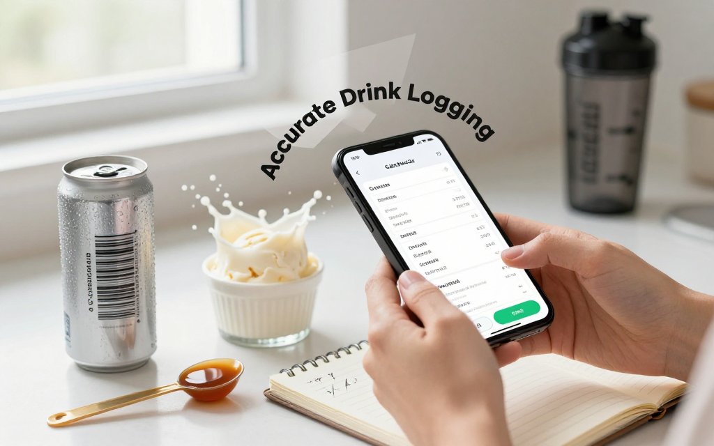 Hands scanning a protein soda barcode with a phone, with add-ins like ice cream, half-and-half, and caramel shown as separate ingredients for accurate calorie tracking.