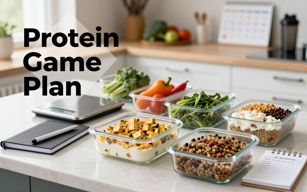 Vegetarian meal prep containers and macro planning tools on a kitchen counter with text overlay Protein Game Plan.