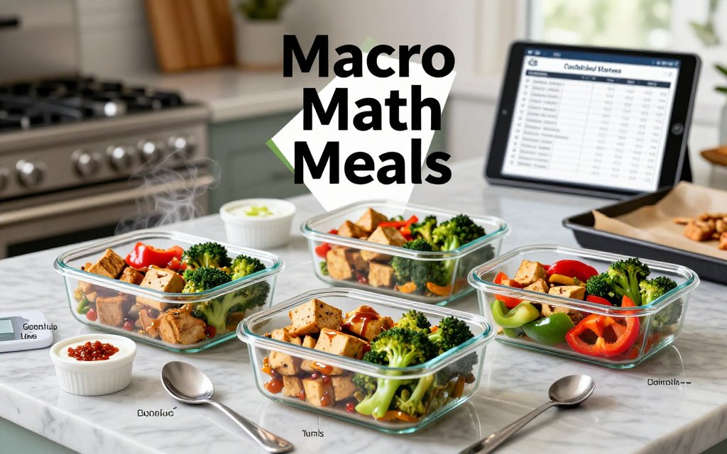 Vegetarian tofu and veggie meal prep boxes with measured sauces, a scale, and macro notes in a bright kitchen scene.