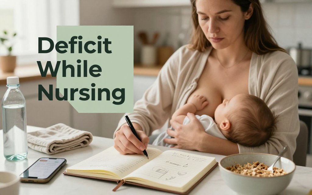 Breastfeeding mother at a kitchen table tracking gentle calorie deficit with notebook and phone, warm morning light.