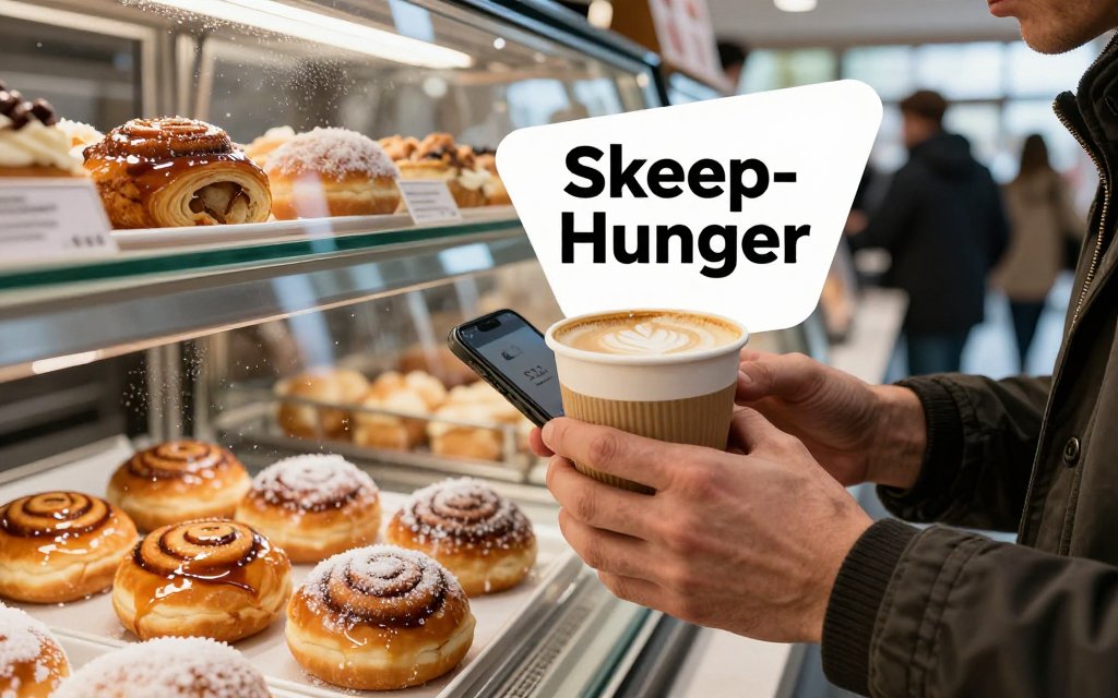 Tired commuter reaching toward pastries with latte after a short night of sleep; text reads Sleep-Skewed Hunger.