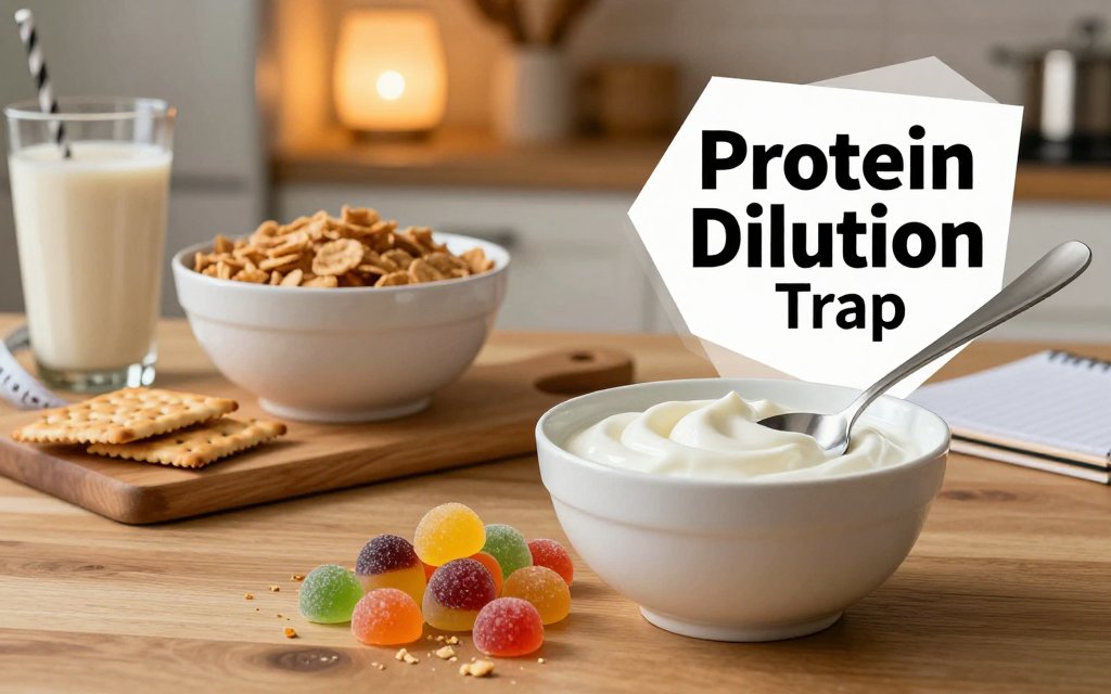Kitchen table scene contrasting Greek yogurt with gummies and crackers, suggesting low protein snacks driving overeating, with text overlay reading Protein Dilution Trap.