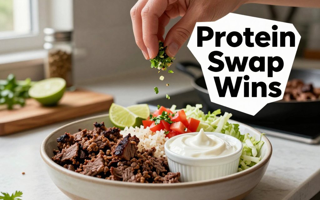 Taco bowl meal prep scene highlighting lean ground beef and Greek yogurt swaps for a higher-protein, lower-calorie meal.