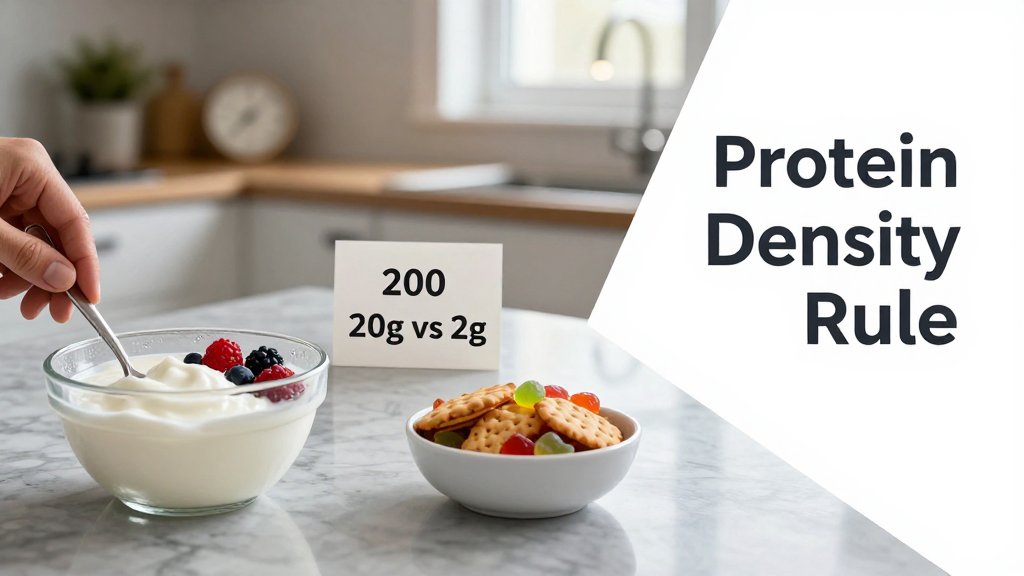 Kitchen table photo comparing Greek yogurt versus crackers and candy to illustrate protein density and satiety.