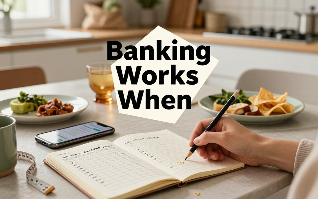Kitchen table scene showing hands planning a weekly calorie budget with notebook, phone app, and contrasting weekday and weekend foods.