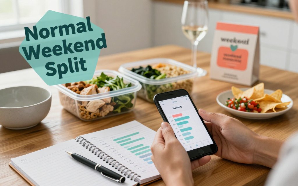 Kitchen table scene with hands viewing a weekly calorie bar chart on a phone, meal prep containers, and subtle weekend cues like a takeout menu and wine glasses.