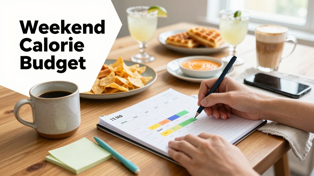 Hands planning a weekly calorie budget on a kitchen table with a calendar, phone app, coffee, and weekend foods in the background.
