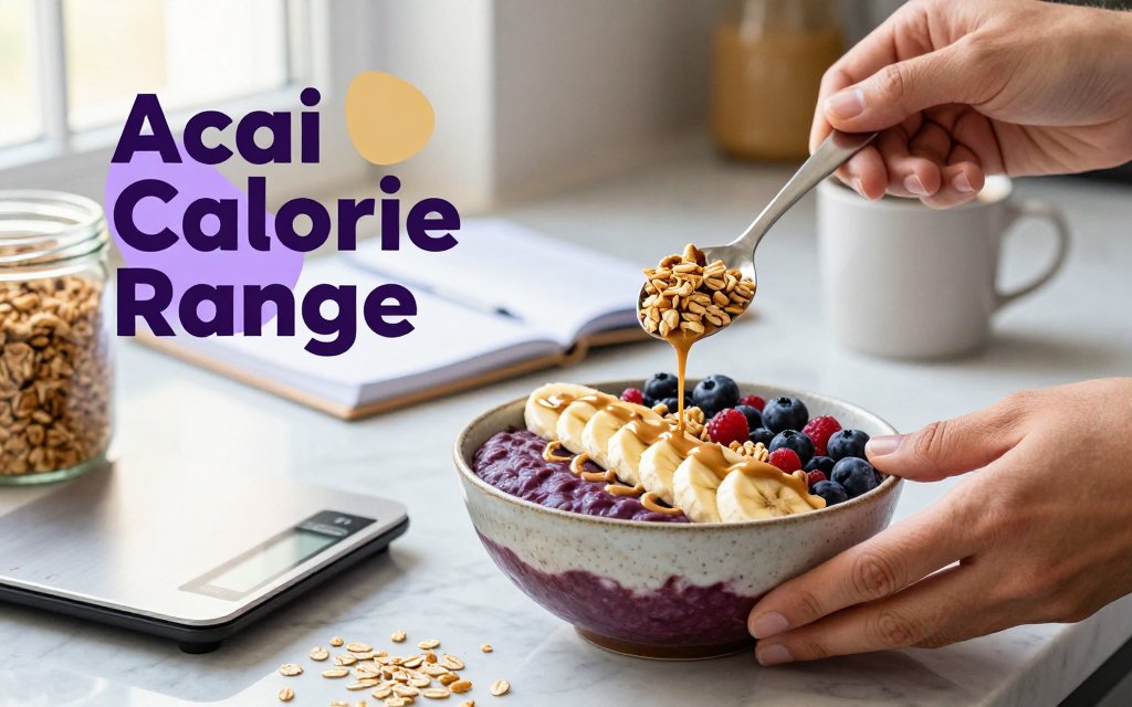 Hands measure granola over an acai bowl beside a kitchen scale, highlighting calorie variation from toppings.