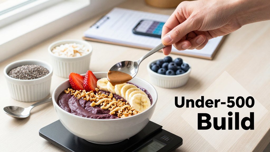 Homemade acai bowl on a kitchen counter with measured toppings and a scale, styled for staying under 500 calories.