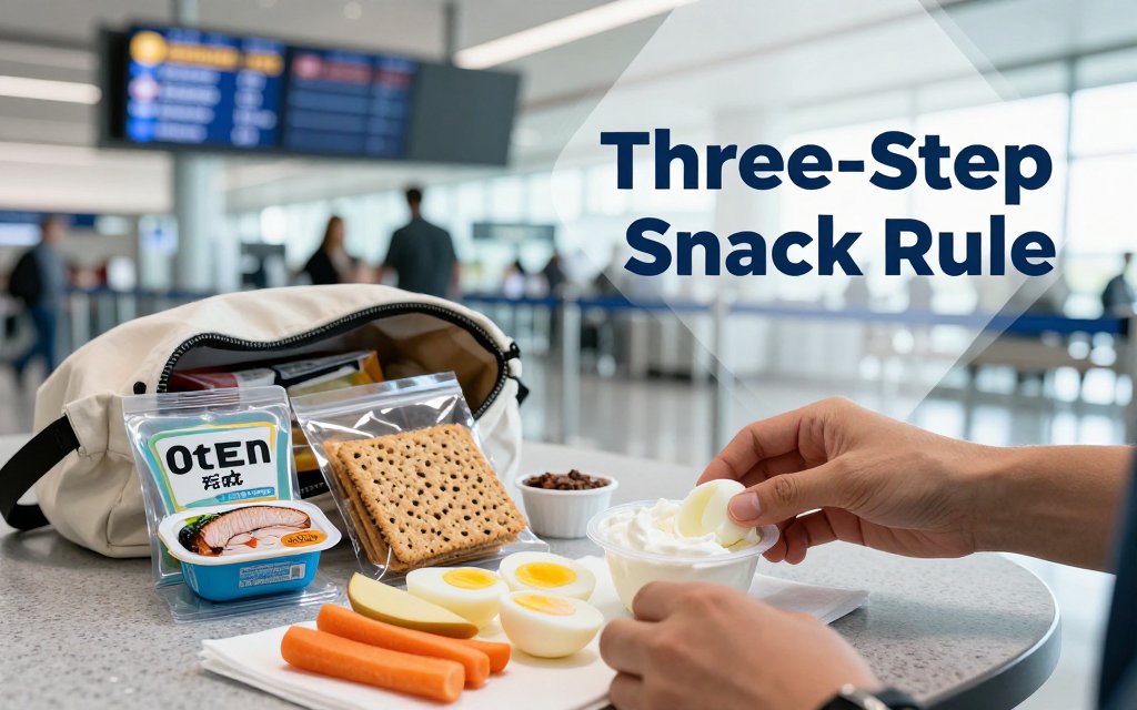 Traveler assembles a protein-first, fiber-added airport snack on a gate table with blurred terminal background and overlay text.