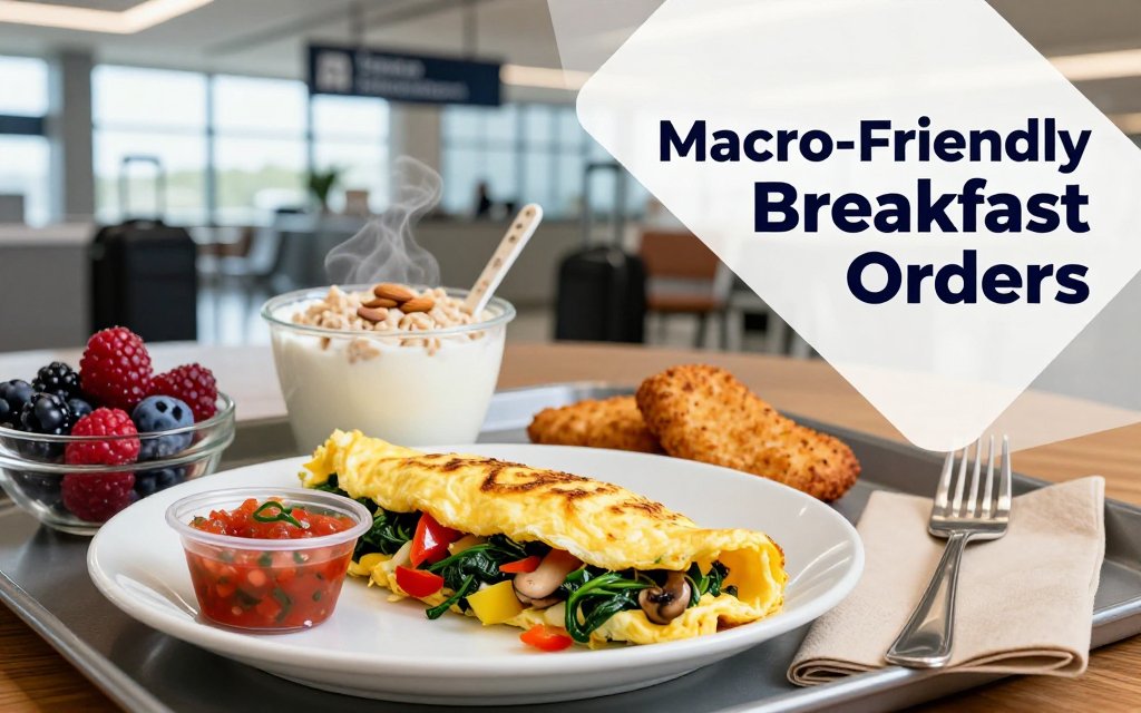 Airport table scene featuring a protein-forward breakfast: veggie omelet, fruit, Greek yogurt, and plain oatmeal, with a blurred terminal background and text overlay about macro-friendly breakfast orders.