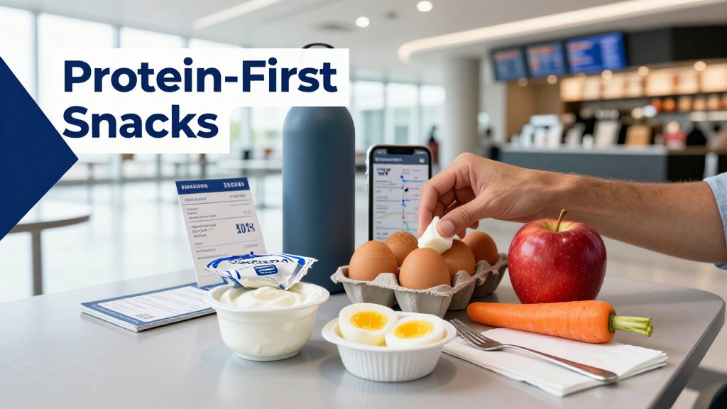 Traveler assembles a protein-first airport snack at a gate-side table with yogurt, eggs, fruit, and veggies; terminal blurred behind.
