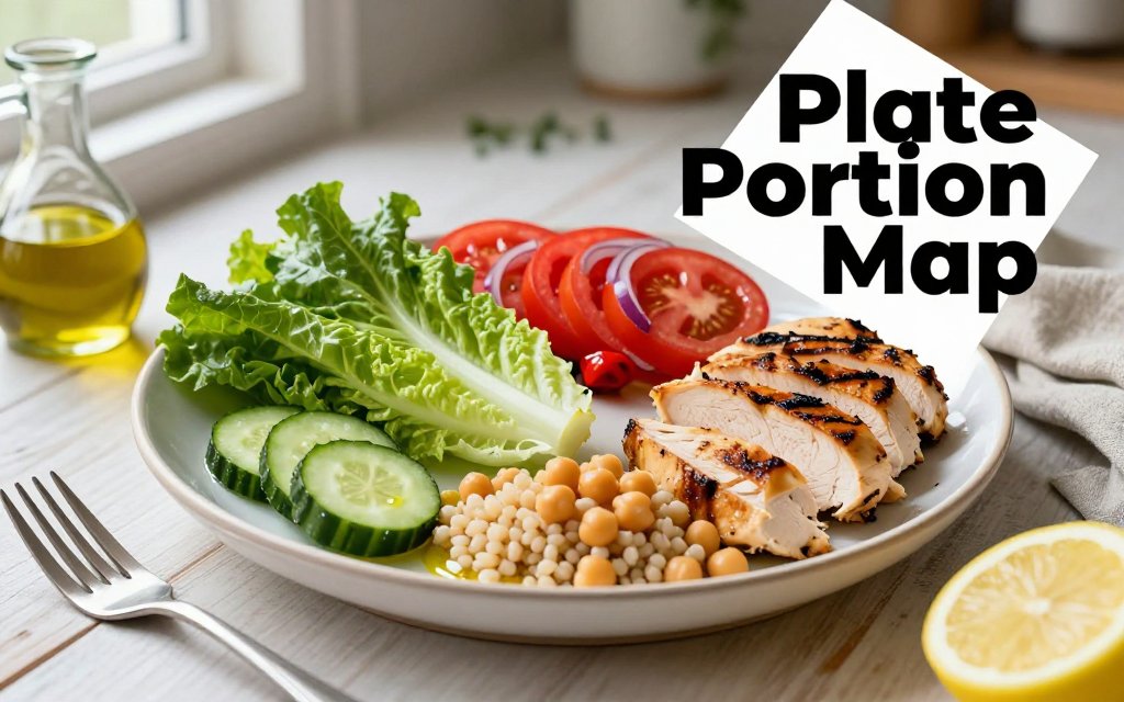 Mediterranean plate method showing half vegetables, quarter protein, quarter high-fiber carbs, and a small olive oil portion on a kitchen table.