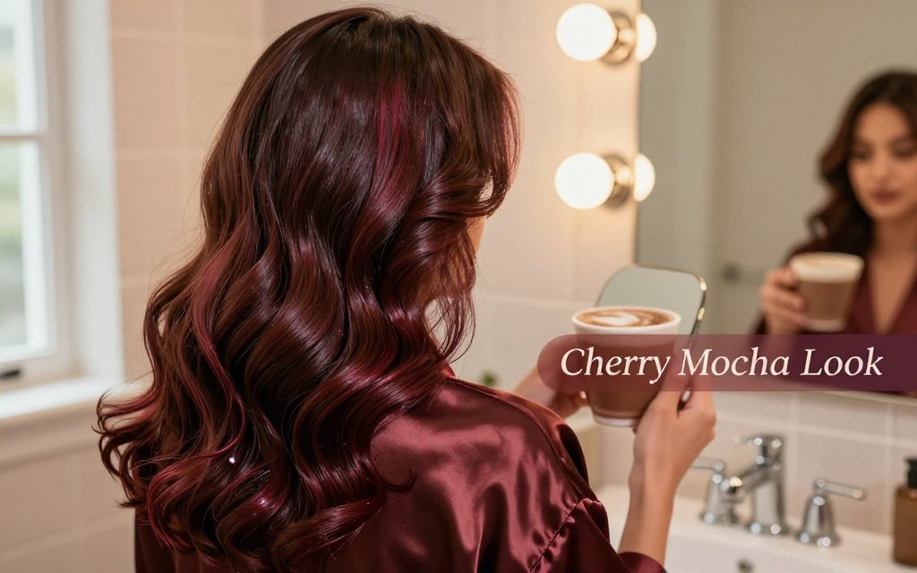Close-up editorial beauty photo of cherry mocha brunette hair with subtle cherry sheen in warm bathroom lighting, with text overlay.