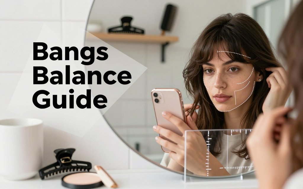 Woman at a bathroom vanity using a phone with face-shape landmarks to guide choosing bangs; measurement lines and styling tools visible.