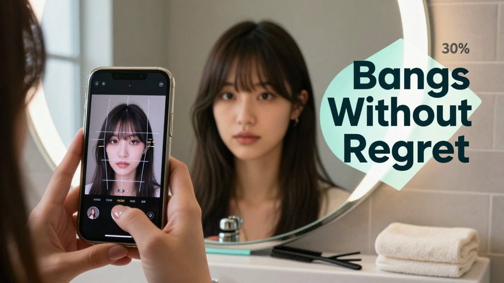 Person analyzing face shape in a mirror using a smartphone app to choose flattering bangs, with styling tools on a bathroom vanity.