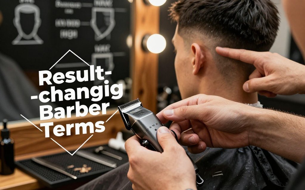 Barber explains taper vs fade by pointing to temple and nape while clipper guards lie in the foreground; chalkboard shows fade zones.