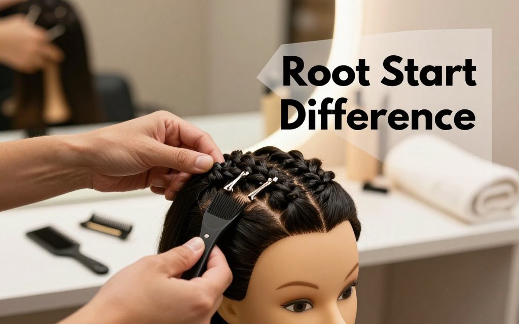 Close-up editorial photo of hands showing knotless feed-in braid versus box braid knot at the root on a mannequin head, with tools on a salon counter and overlay text.