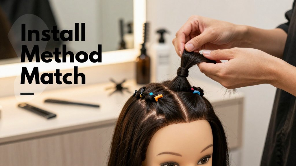 Close-up editorial photo of stylist hands comparing knotless and box braid roots on a mannequin head, with text overlay.