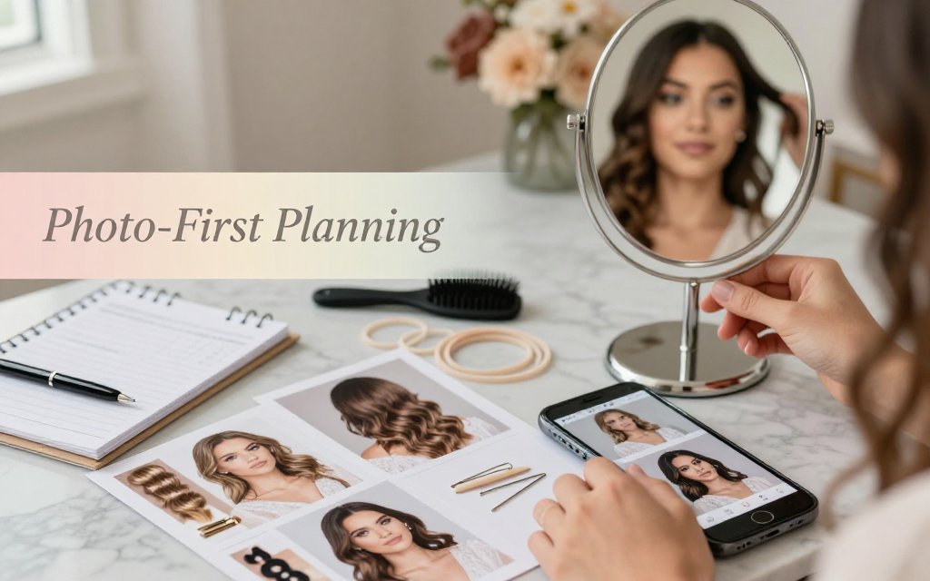 Hands arranging wedding hair inspiration photos beside a mirror, phone, pins, extensions, and a budget notepad on a marble table.