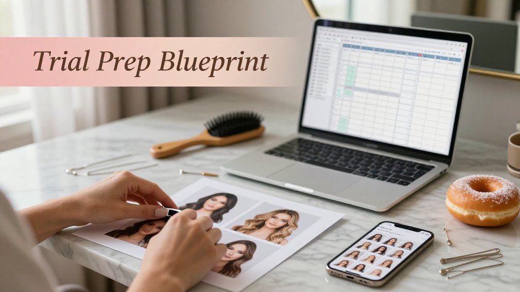 Bride-to-be’s hands arranging wedding hair inspiration photos next to a laptop with budget and calendar for hair trial planning on a marble table.