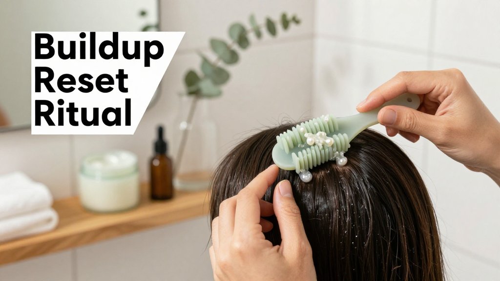 Person uses a silicone scalp massager to apply exfoliating scrub along a hair part, with minimal bathroom counter props and headline text overlay.