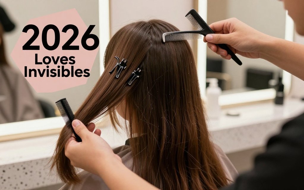 Hairstylist reveals subtle internal layers beneath the top veil of long hair in a modern salon, with text overlay about 2026 loving invisible layers.