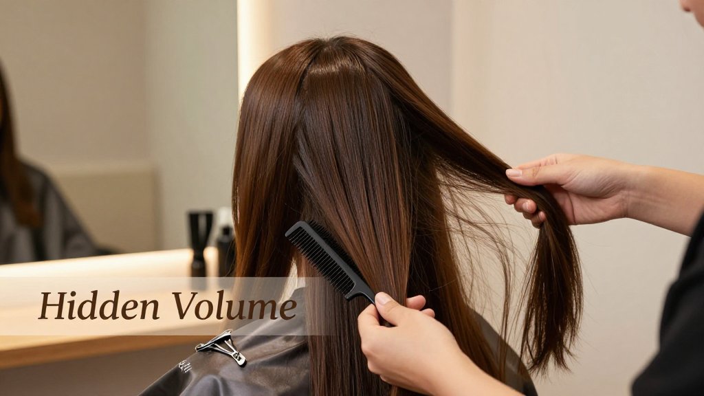 Stylist reveals invisible internal layers under a smooth top veil of hair, showing subtle volume in a modern salon.