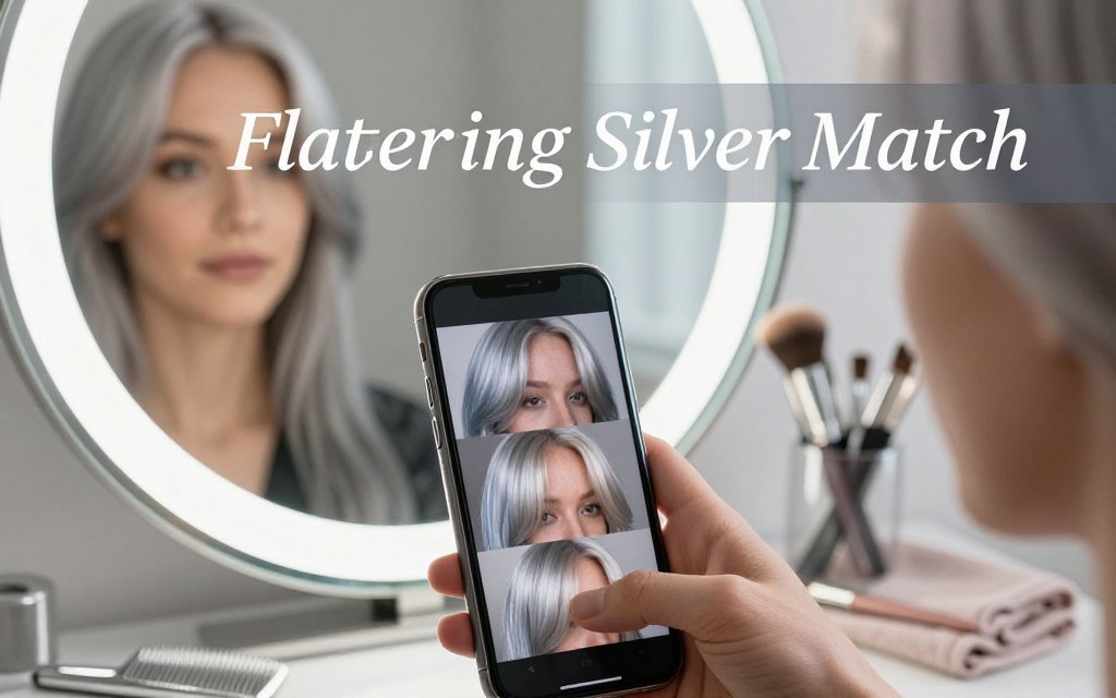 Person at a vanity mirror comparing three silver hair shade swatches on a virtual try-on app, with beauty tools softly blurred in the background and a text banner reading Flattering Silver Match.