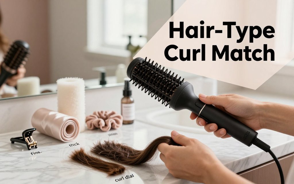 Stylist compares heatless curl tools with hair swatches on a marble counter, showing how to match methods to hair type.