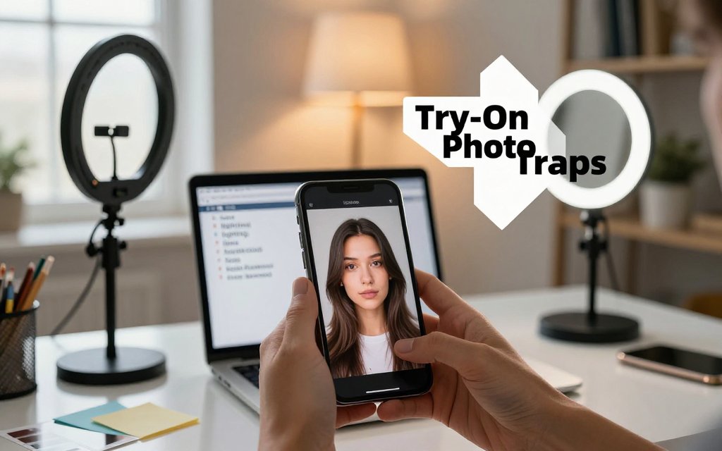 Home office scene showing a smartphone selfie with virtual hair try-on issues, mixed lighting, and a checklist for diagnosing photo problems.