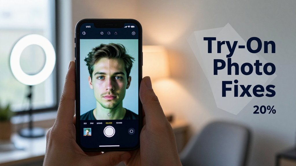 Person taking a selfie in a home office while a virtual hair try-on looks wrong due to uneven lighting and lens distortion, with a split-screen correction on the phone.