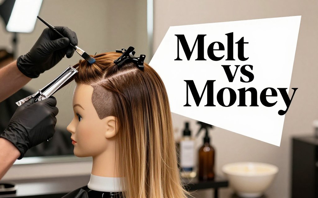 Salon demonstration comparing root melt blending at the crown with brighter money piece highlights framing the face on a mannequin head.