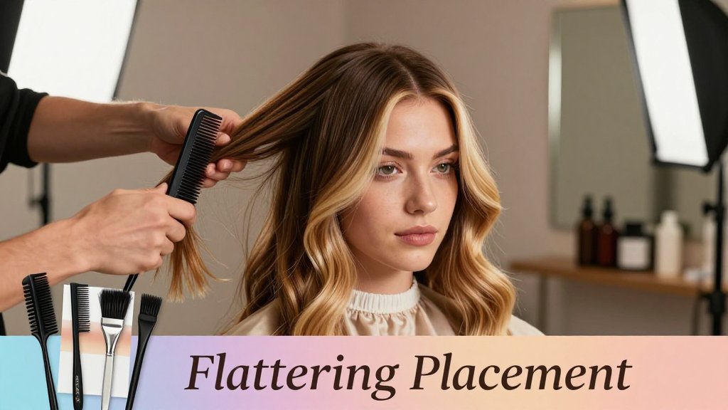 Hairstylist demonstrates root melt blending and money-piece face-framing highlights in a bright studio.