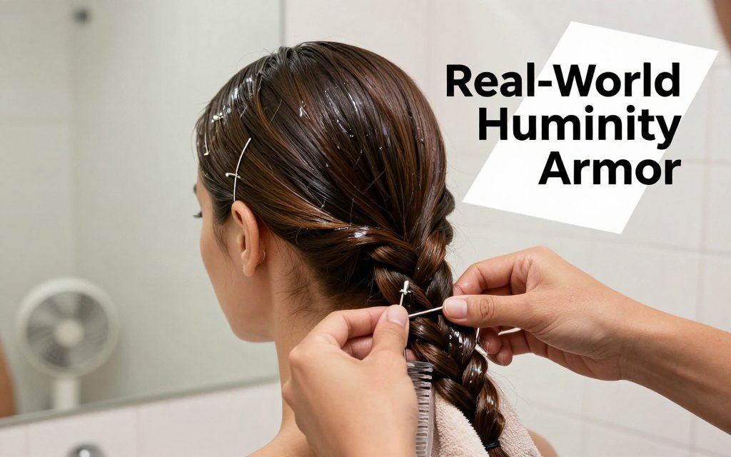 Close-up editorial photo of hands braiding a low ponytail in a steamy bathroom, illustrating a humidity-proof contained hairstyle, with overlay text.
