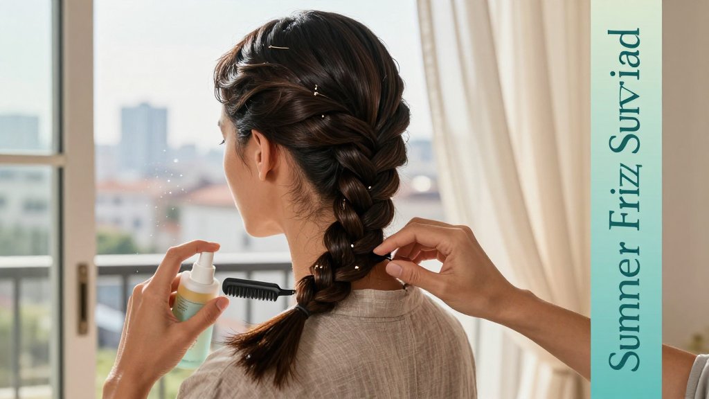 Editorial photo of a sleek braided low ponytail near an open balcony door in humid summer air with text overlay Summer Frizz Survival.