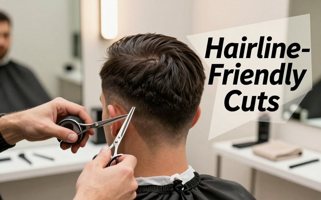 Man with a receding hairline getting a textured crop haircut with low taper in a barbershop, with overlay text 'Hairline-Friendly Cuts'.