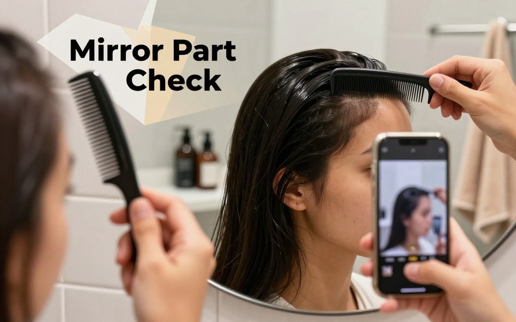 Person testing a deep side part in a bathroom mirror using a rat-tail comb and smartphone camera.
