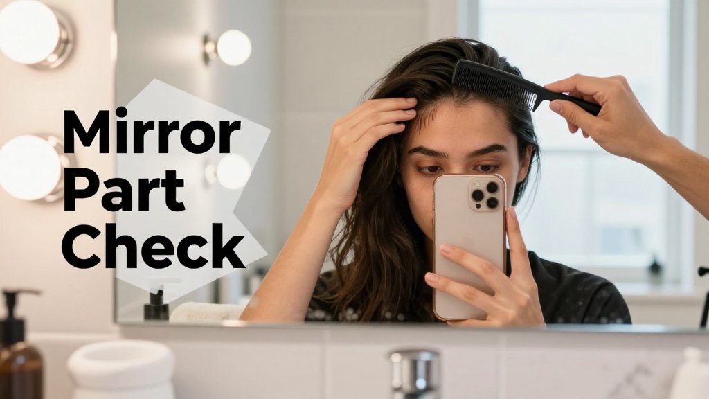 Person testing a deep side part in a bathroom mirror with a rat-tail comb and phone camera.