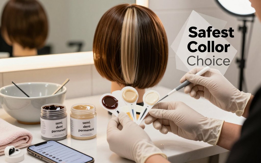 Salon workstation with hands comparing semi, demi, and permanent hair dye tools and swatches, with overlay text about safest color choice.