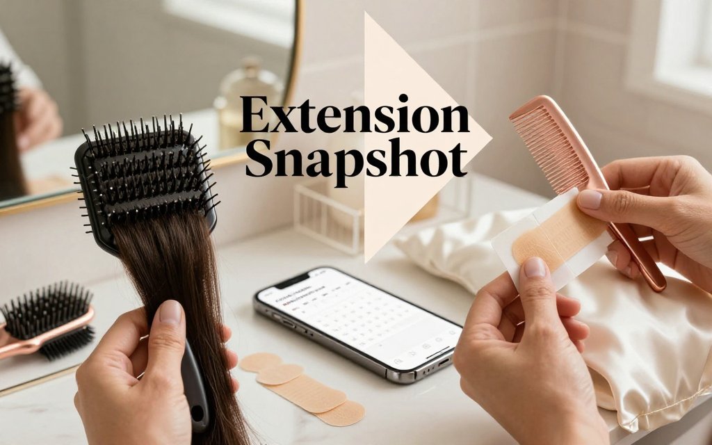 Split-screen vanity photo comparing clip-in and tape-in hair extensions with styling tools, calendar reminder, and silk pillowcase, plus text overlay.