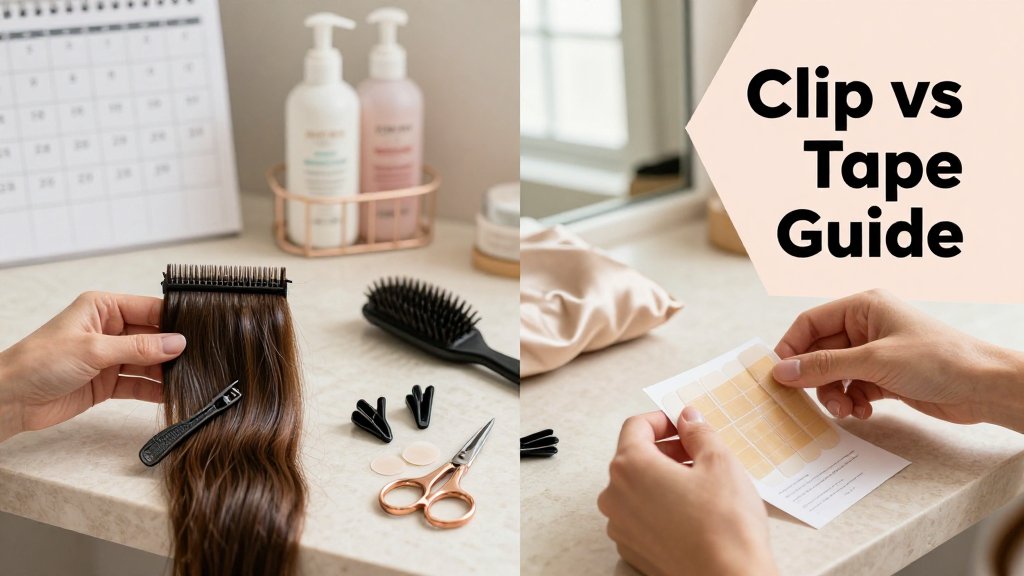 Split-screen vanity photo comparing clip-in and tape-in hair extensions with tools, calendar, and care items, featuring text overlay Clip vs Tape Guide.