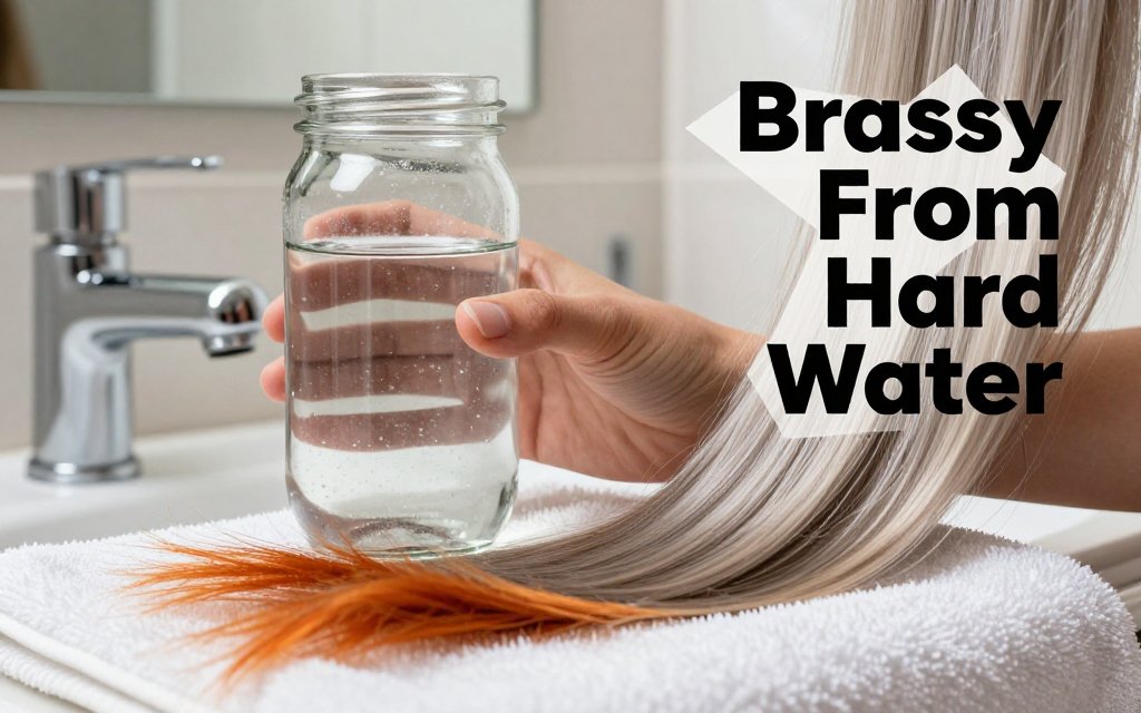 Close-up editorial beauty photo showing hard water minerals in a jar next to brassy blonde hair ends near a bathroom faucet with overlay text.