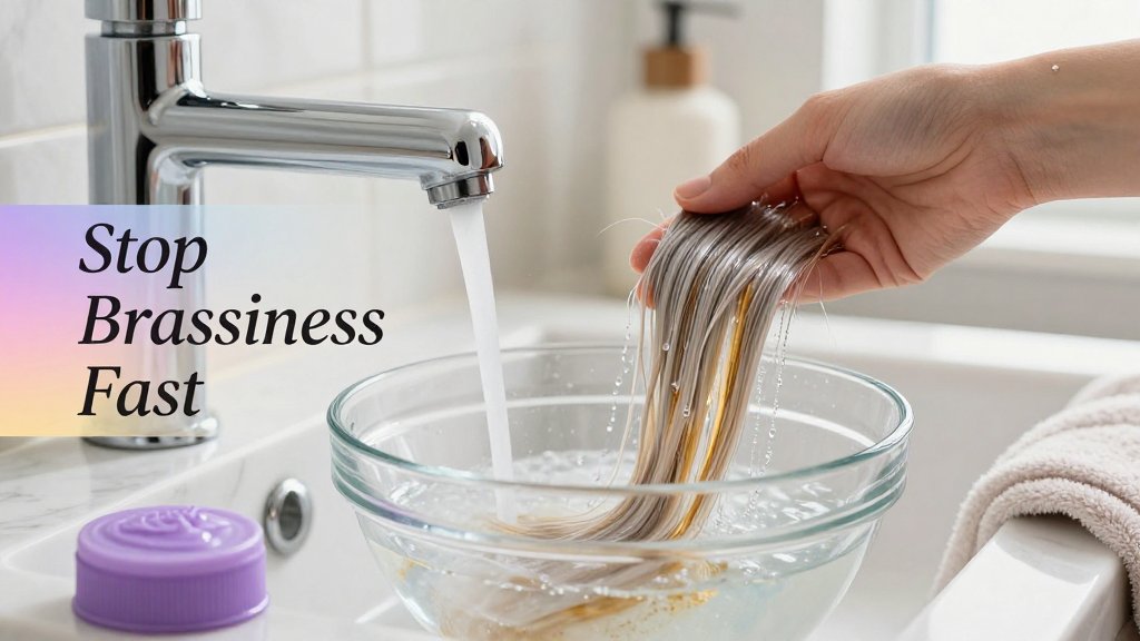 Beauty editorial photo of an ash-blonde hair swatch under a faucet with hard water buildup, toning shampoo nearby, and text about stopping brassiness fast.