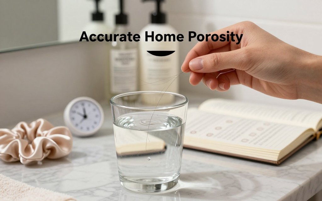 Hands doing an at-home hair porosity water test with a hair strand in a glass, notebook and timer on a marble counter.