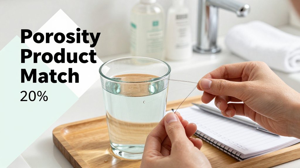 Hands performing an at-home hair porosity test with a hair strand over a glass of water, with quiz notes on a bathroom vanity.