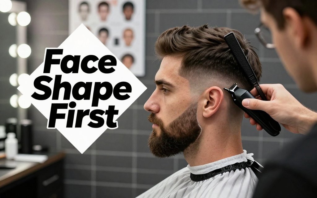 Barber aligning haircut fade and beard shape on a male model to emphasize face shape and silhouette.