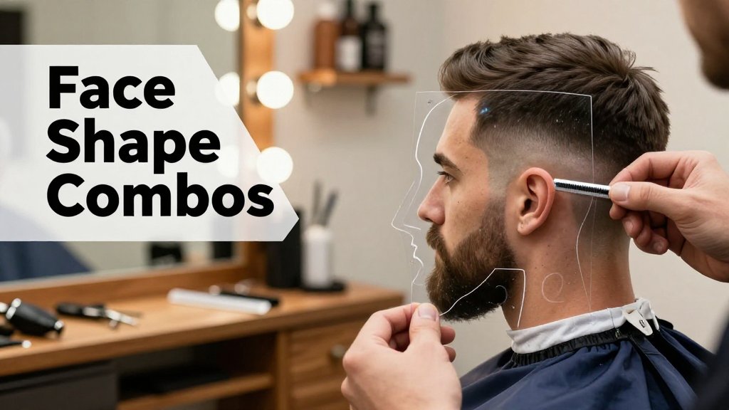 Barber holds a transparent face-shape chart overlay by a client’s profile, showing haircut and beard silhouette pairing in a barbershop.