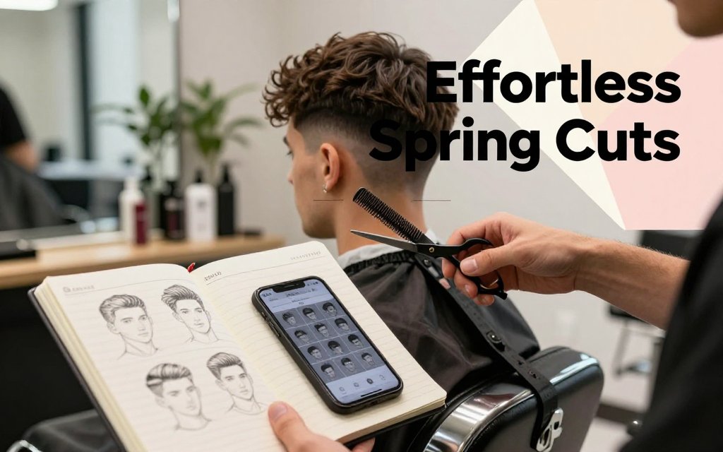Barber consult scene showing low-effort men’s haircuts for Spring 2026 with notebook, phone references, and geometric text overlay.